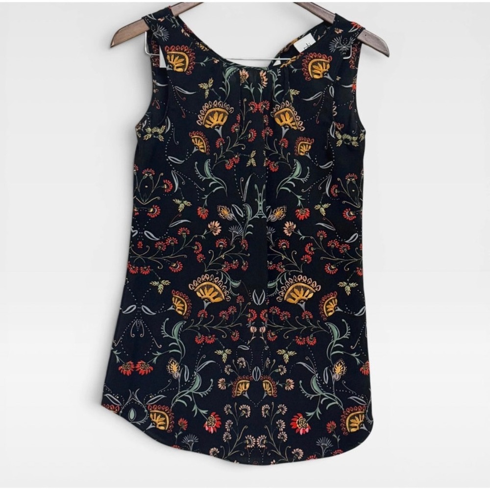 Cabi Womens XS Black Floral Sleeveless Blouse Keyhole Back Tie Top Botanical